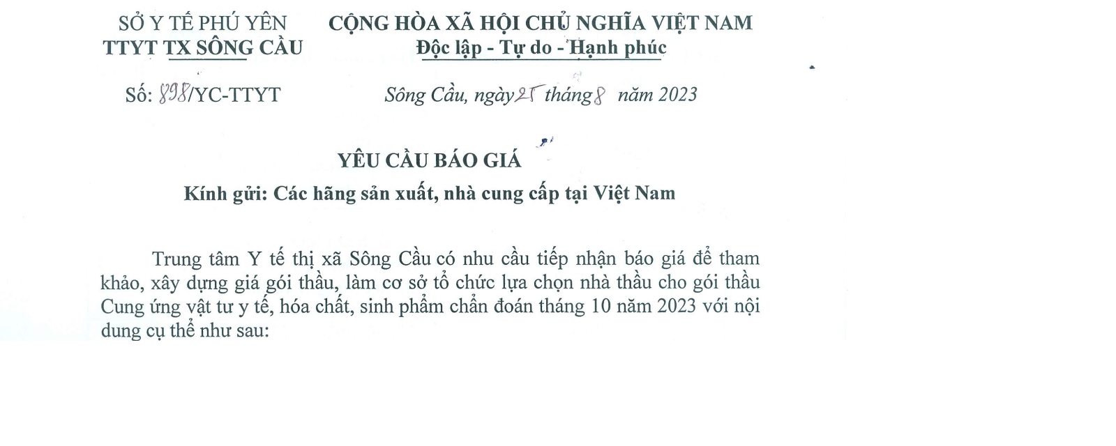 Yêu cầu báo giá Cung ứng vật tư y tế, hóa chất, sinh phẩm chẩn đoán tháng 10 năm 2023